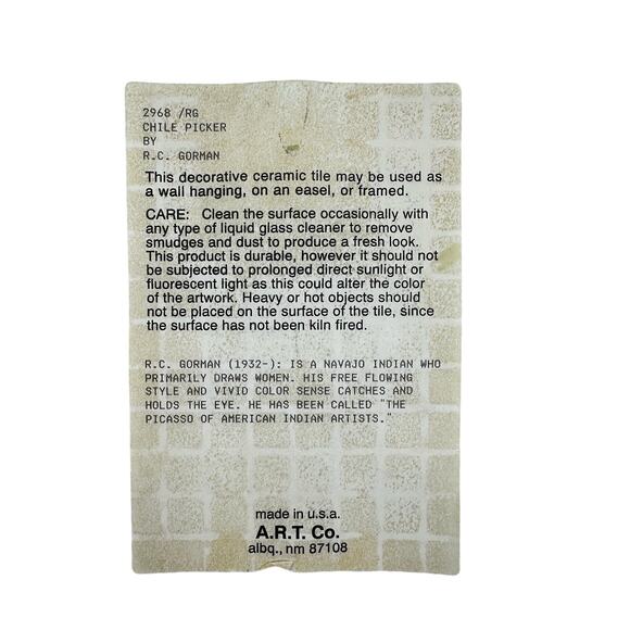 RC Gorman Tile Artist Navajo Hand Painted Tile "Chile Picker"-Rare Blue 2968/RG - Picture 3 of 7